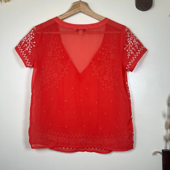 American Eagle XS Boho Coral Pink Sheer Embroidered Blouse - Picture 2 of 6